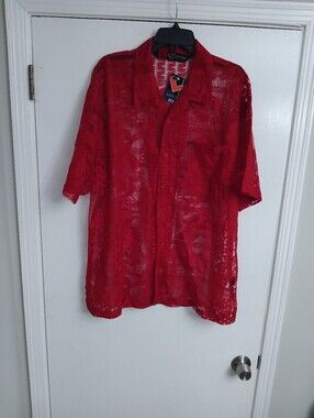 Vintage Y2K Barcode Men's Size Large Sheer Red Button-Up Shirt